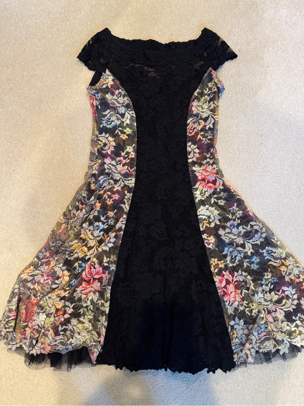 Olvi’s Black Lace Fit & Flare Dress with Floral Panels